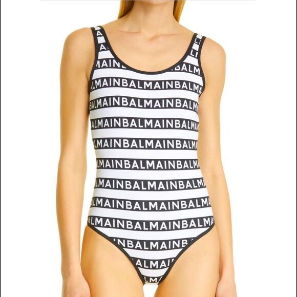Balmain Small 2 black & white Authentic monogram logo one piece swimsuit high - Picture 2 of 12